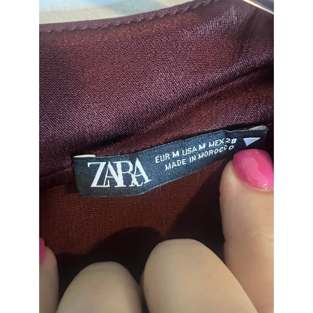 Zara Womens Burgundy Satin Long Sleeve Keyhole Back Mini Dress Size Medium Wine - Picture 2 of 5